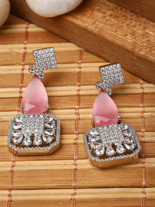 Rhodium-Plated Pink & White American Diamond studded Square & Teardrop Drop Earrings