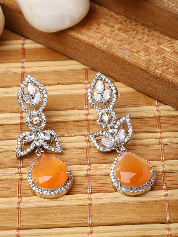 Rhodium-Plated Orange American Diamond studded Teardrop & Leaf Shaped Drop Earrings