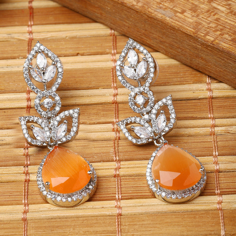 Rhodium-Plated Orange American Diamond studded Teardrop & Leaf Shaped Drop Earrings