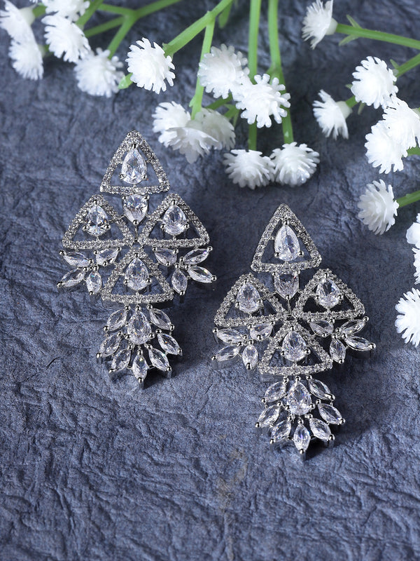 Rhodium-Plated White American Diamond studded Triangular Shaped Drop Earrings
