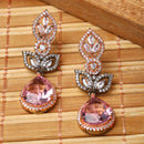 Rose Gold-Plated Gunmetal Toned Magenta American Diamond studded Teardrop & Leaf Shaped Drop Earrings