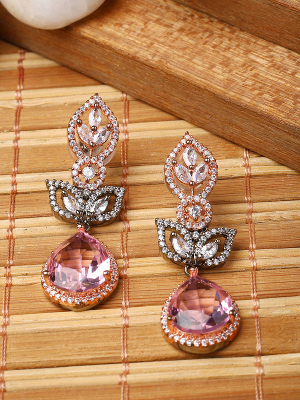 Rose Gold-Plated Gunmetal Toned Magenta American Diamond studded Teardrop & Leaf Shaped Drop Earrings