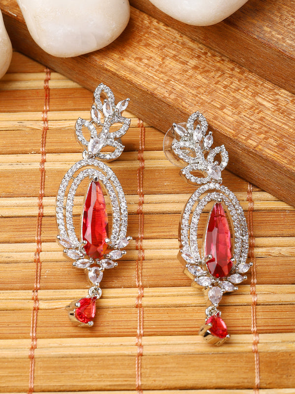 Rhodium-Plated Red & White American Diamond studded Handcrafted Teardrop Shaped Drop Earrings