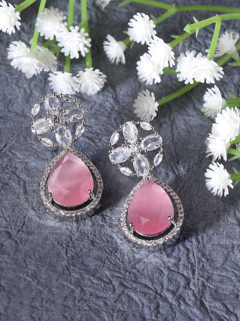 Rhodium-Plated Pink & White American Diamond studded Teardrop & Floral Shaped Drop Earrings