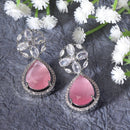 Rhodium Plated Teardrop Pink American Diamond Contemporary Drop Earrings