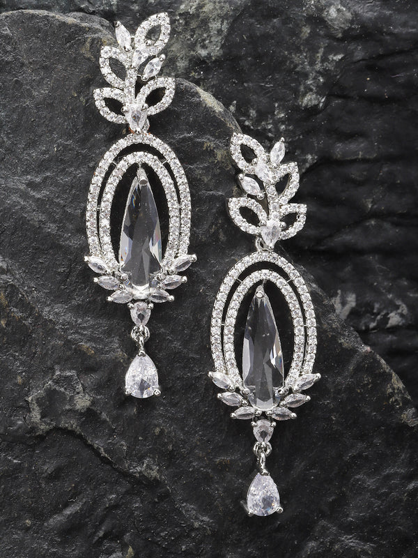 Rhodium-Plated White American Diamond studded Handcrafted Teardrop Shaped Drop Earrings