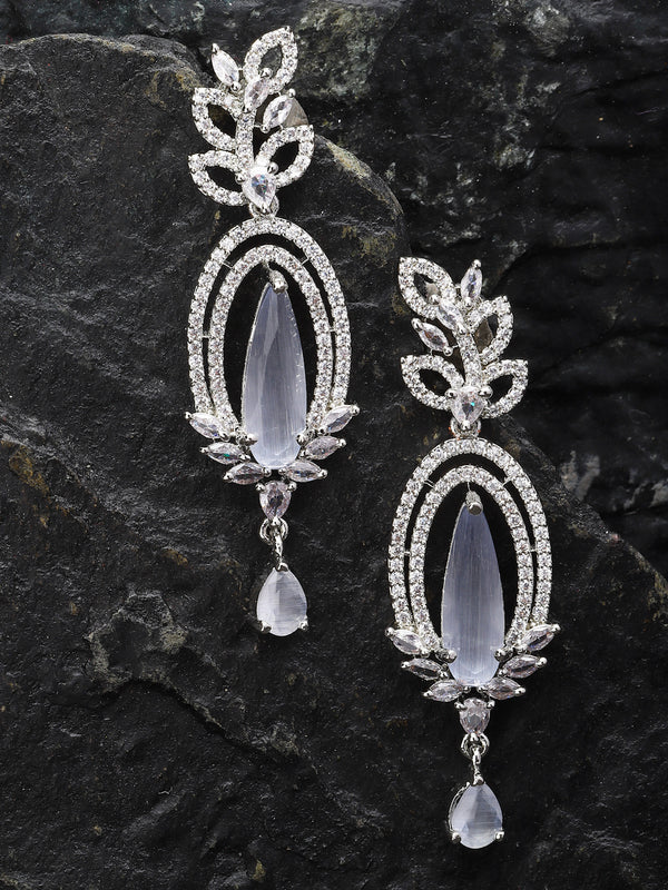 Rhodium-Plated Grey & White American Diamond studded Handcrafted Teardrop Shaped Drop Earrings