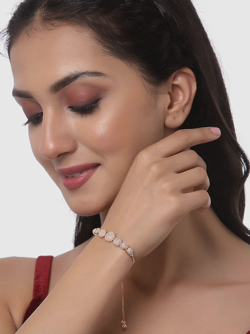 Rose Gold Plated American Diamond Studded Round & Halo Round Charm Adjustable Bracelet Combo Set of 2