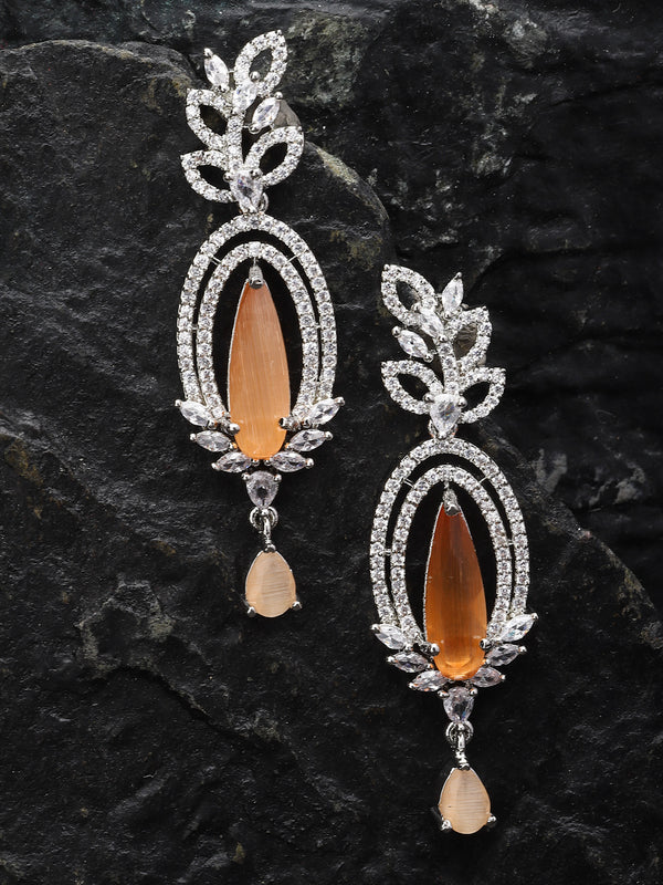 Rhodium-Plated Orange & White American Diamond studded Handcrafted Teardrop Shaped Drop Earrings