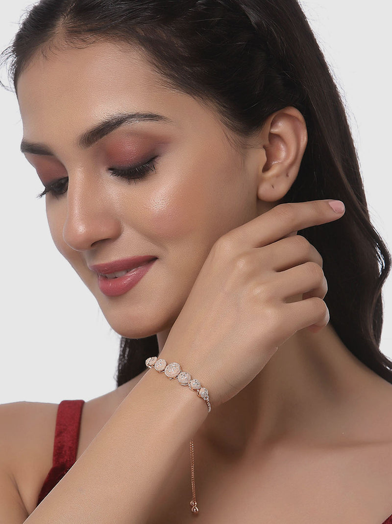 Rose Gold Plated American Diamond Studded Round & Squared Charm Adjustable Bracelet Combo Set of 2