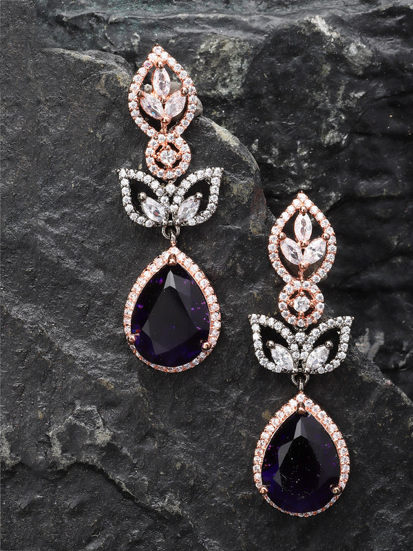 Rose Gold-Plated Gunmetal Toned Purple American Diamond studded Teardrop & Leaf Shaped Drop Earrings