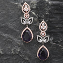 Rose Gold-Plated Gunmetal Toned Purple American Diamond studded Teardrop & Leaf Shaped Drop Earrings