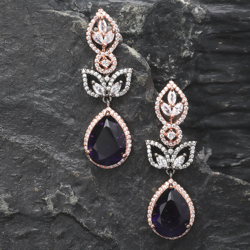 Rose Gold-Plated Gunmetal Toned Purple American Diamond studded Teardrop & Leaf Shaped Drop Earrings