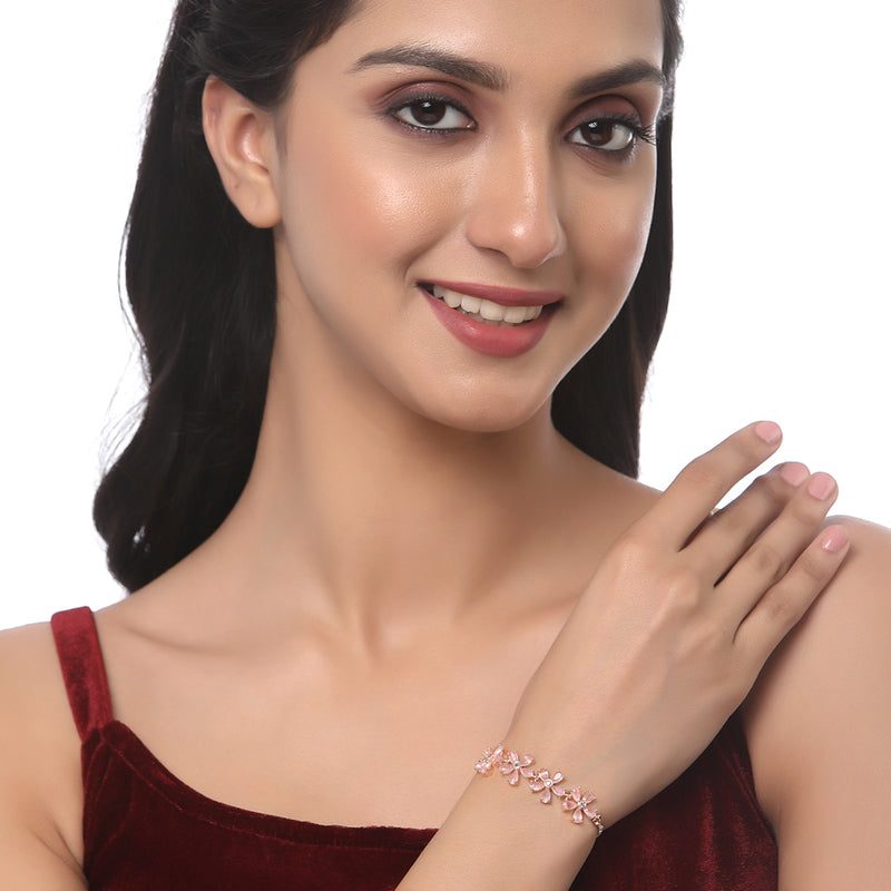 Rose Gold-Plated Pink Floral Shaped American Diamond Studded  Bracelet