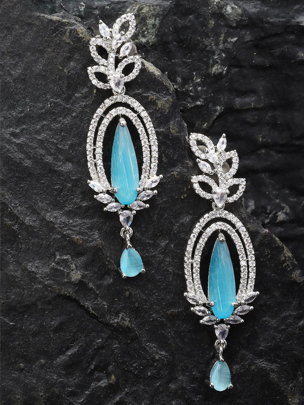 Rhodium-Plated Sky Blue & White American Diamond studded Handcrafted Teardrop Shaped Drop Earrings