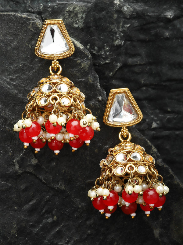 Gold-Plated Kundan & Red Pearls studded Dome Shaped Mirror Jhumka Earrings