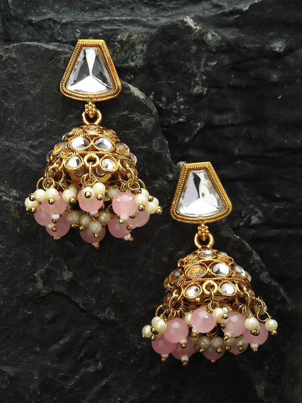 Gold-Plated Kundan & Peach Pearls studded Dome Shaped Mirror Jhumka Earrings