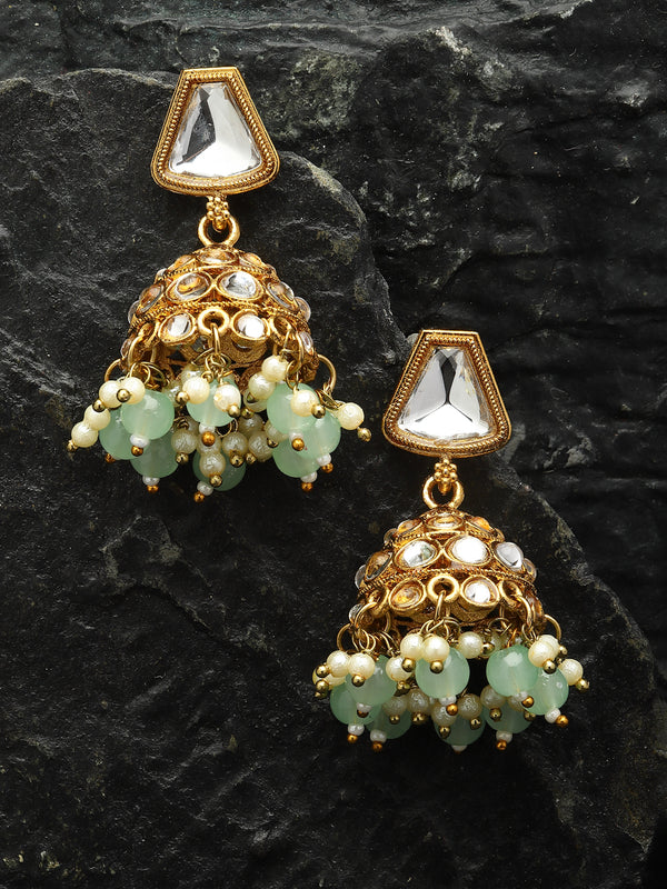 Gold-Plated Kundan & Sea Green Pearls studded Dome Shaped Mirror Jhumka Earrings