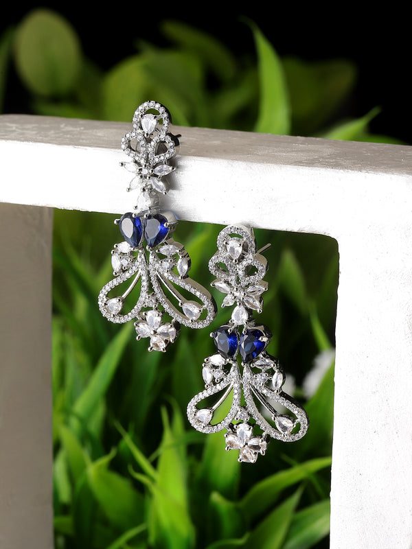 Rhodium-Plated Navy Blue & White American Diamond studded Paisley Shaped Drop Earrings