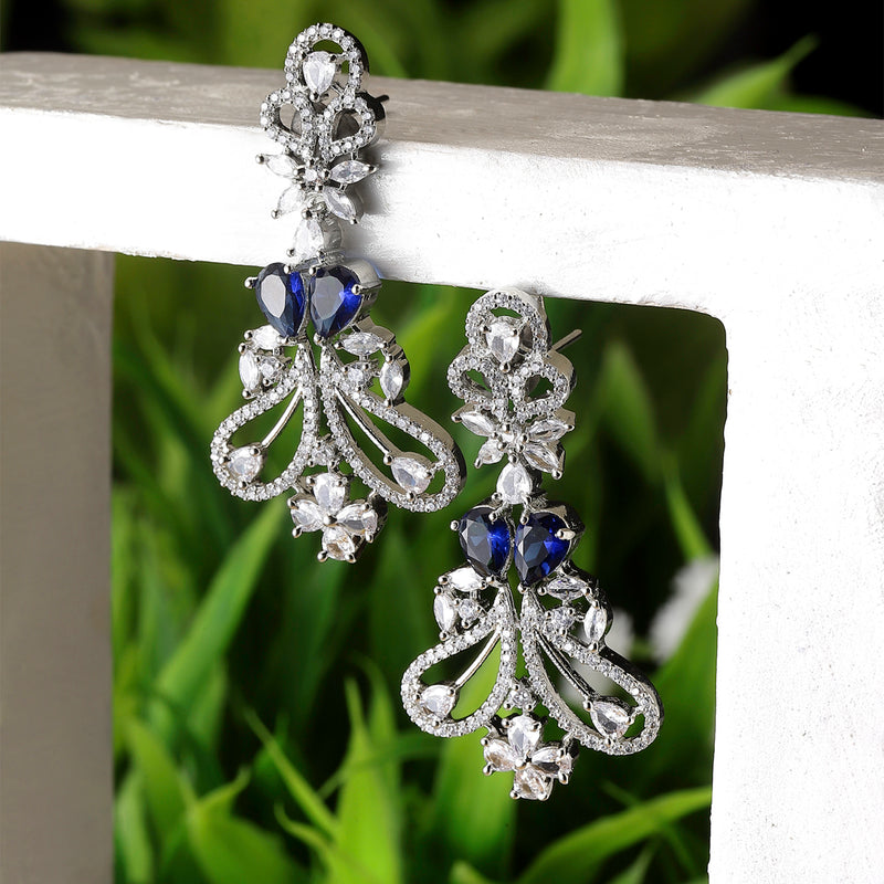 Rhodium-Plated Navy Blue & White American Diamond studded Paisley Shaped Drop Earrings