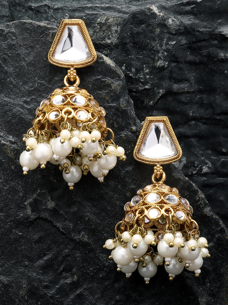Gold-Plated Kundan & White Pearls studded Dome Shaped Mirror Jhumka Earrings