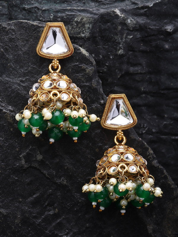 Gold-Plated Kundan & Green Pearls studded Dome Shaped Mirror Jhumka Earrings