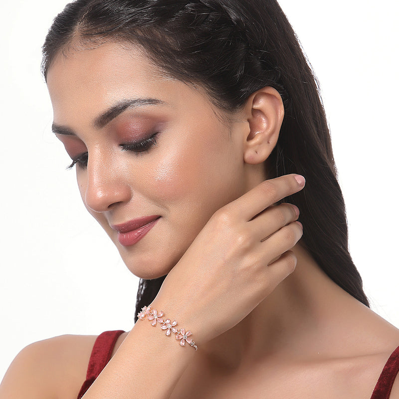 Rose Gold-Plated Pink Floral Shaped American Diamond Studded  Bracelet