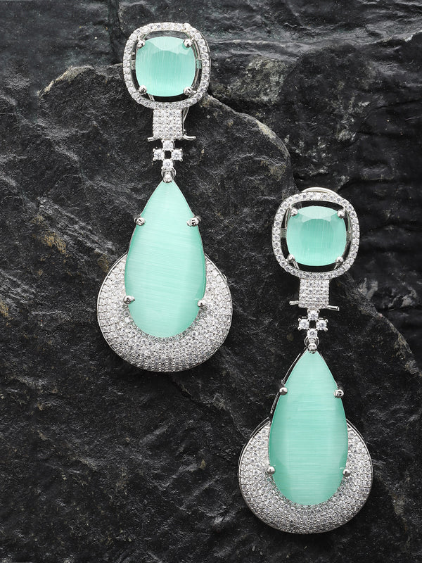 Rhodium-Plated Sea Green & White American Diamond studded Teardrop Drop Earrings