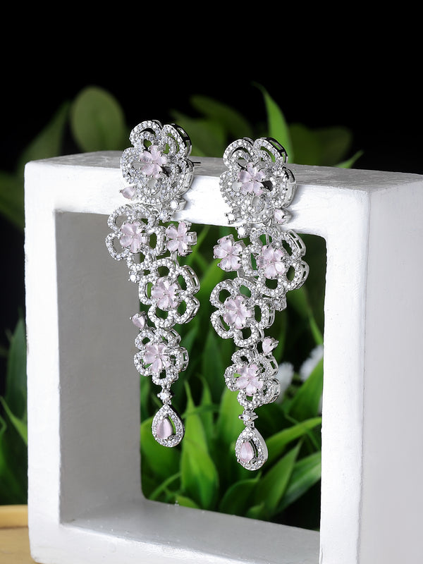 Rhodium-Plated Pink & White American Diamond studded Floral Chandelier Drop Earrings