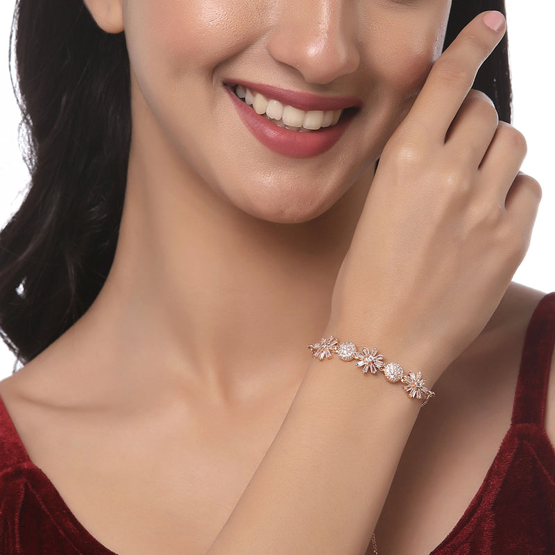 Rose Gold Plated  American Diamond Studded Floral & Star Charm Adjustable Bracelet Combo Set of 2