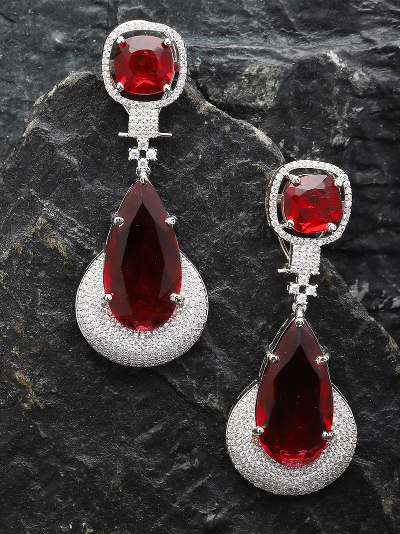 Rhodium-Plated Red & White American Diamond studded Teardrop Drop Earrings