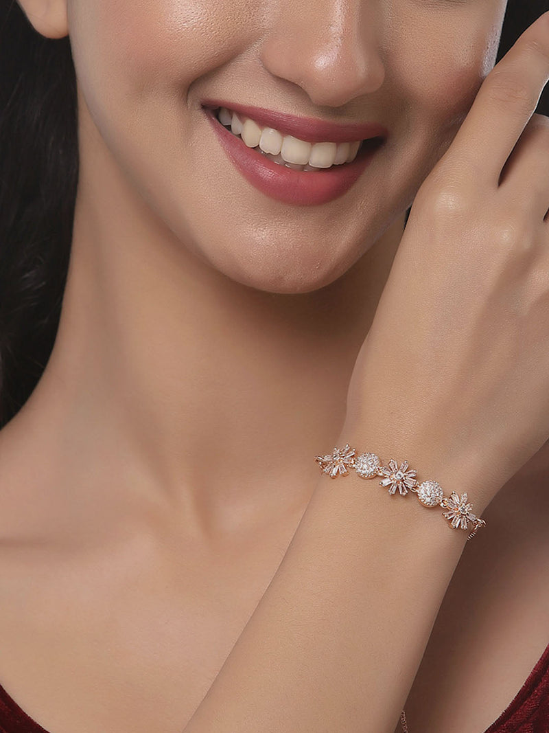 Rose Gold Plated  American Diamond Studded Floral & Star Charm Adjustable Bracelet Combo Set of 2