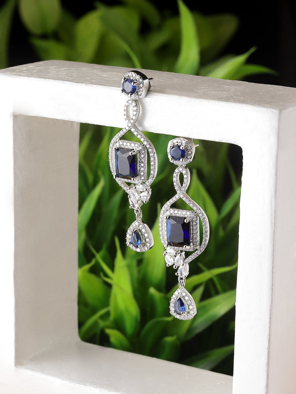 Rhodium-Plated Navy Blue American Diamond studded Square Shaped Handcrafted Drop Earrings