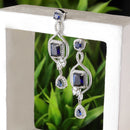 Rhodium-Plated Navy Blue American Diamond studded Square Shaped Handcrafted Drop Earrings