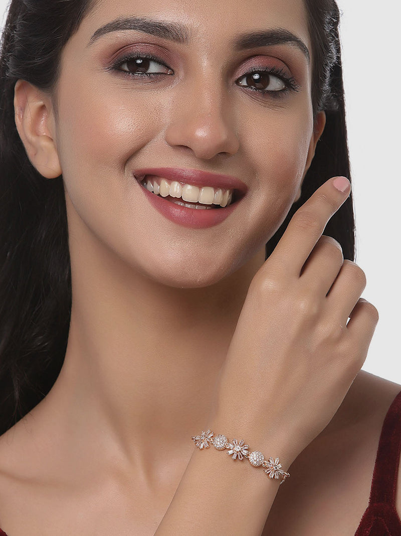 Rose Gold Plated  American Diamond Studded Round & Floral Charm Adjustable Bracelet Combo Set of 2