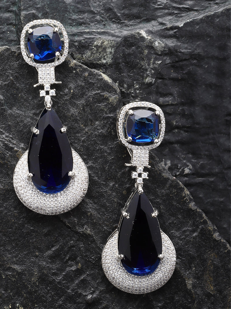 Rhodium-Plated Navy Blue & White American Diamond studded Teardrop Drop Earrings