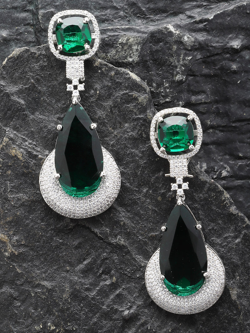 Rhodium-Plated Green & White American Diamond studded Teardrop Drop Earrings