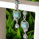 Rhodium-Plated Sea Green American Diamond studded Square Shaped Handcrafted Drop Earrings