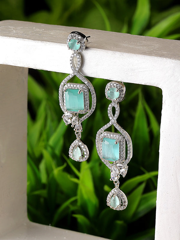 Rhodium-Plated Sea Green American Diamond studded Square Shaped Handcrafted Drop Earrings