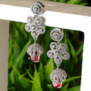 Rhodium-Plated Red American Diamond studded Dome & Teardrop Shaped Jhumka Earrings