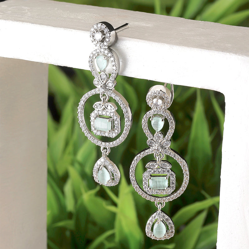 Rhodium-Plated Sea Green American Diamond studded Circular Shaped Drop Earrings
