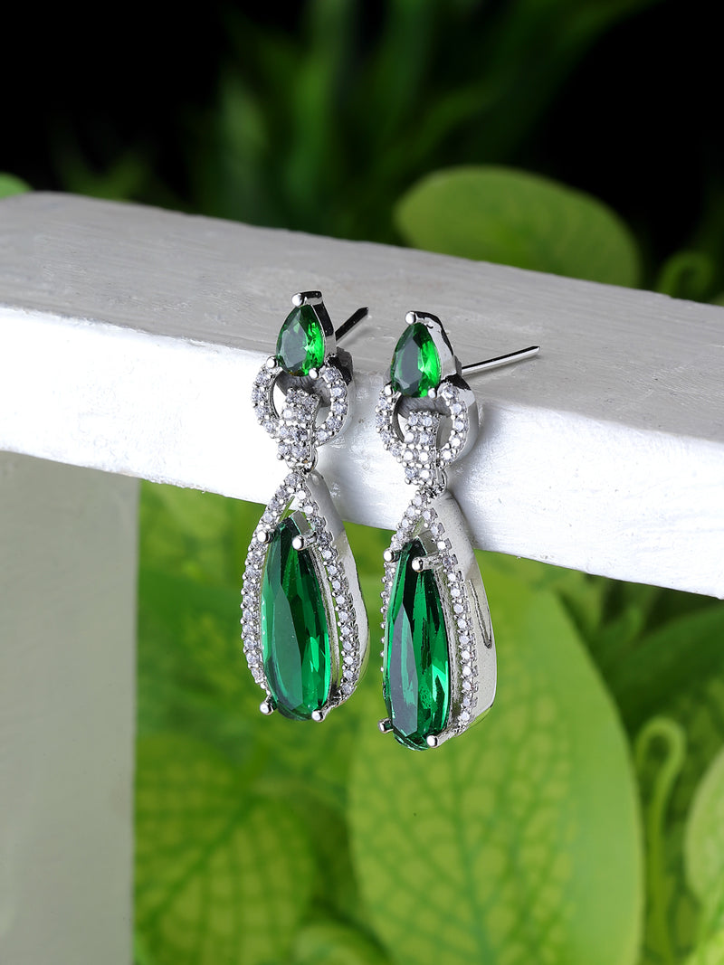 Rhodium-Plated Green American Diamond studded Handcrafted Long Teardrop Shaped Drop Earrings