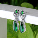 Rhodium Plated Teardrop Green AD Studded Contemporary Drop Earrings