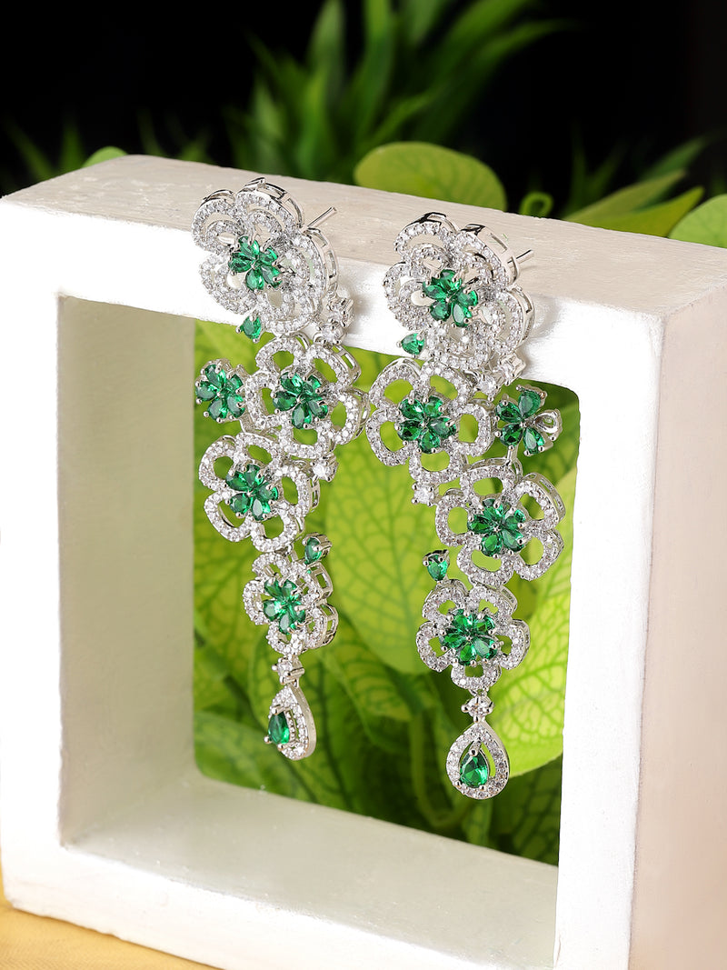 Rhodium-Plated Green & White American Diamond studded Floral Chandelier Drop Earrings