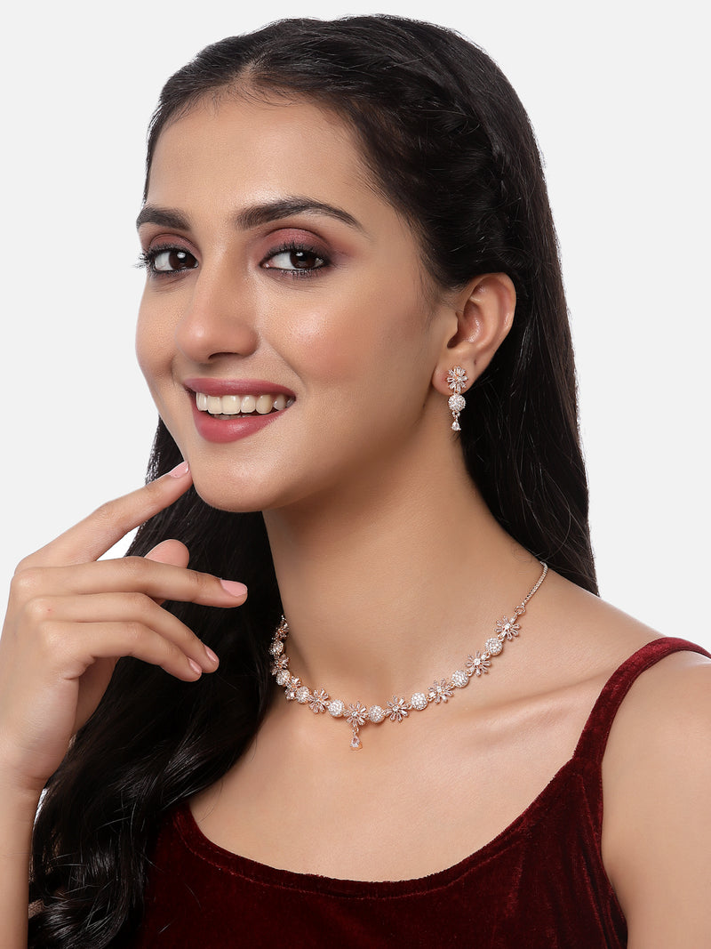Rose Gold-Plated White American Diamond Studded Flower-Round Necklace with Earrings Jewellery Set