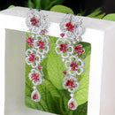 Rhodium-Plated Red & White American Diamond studded Floral Chandelier Drop Earrings