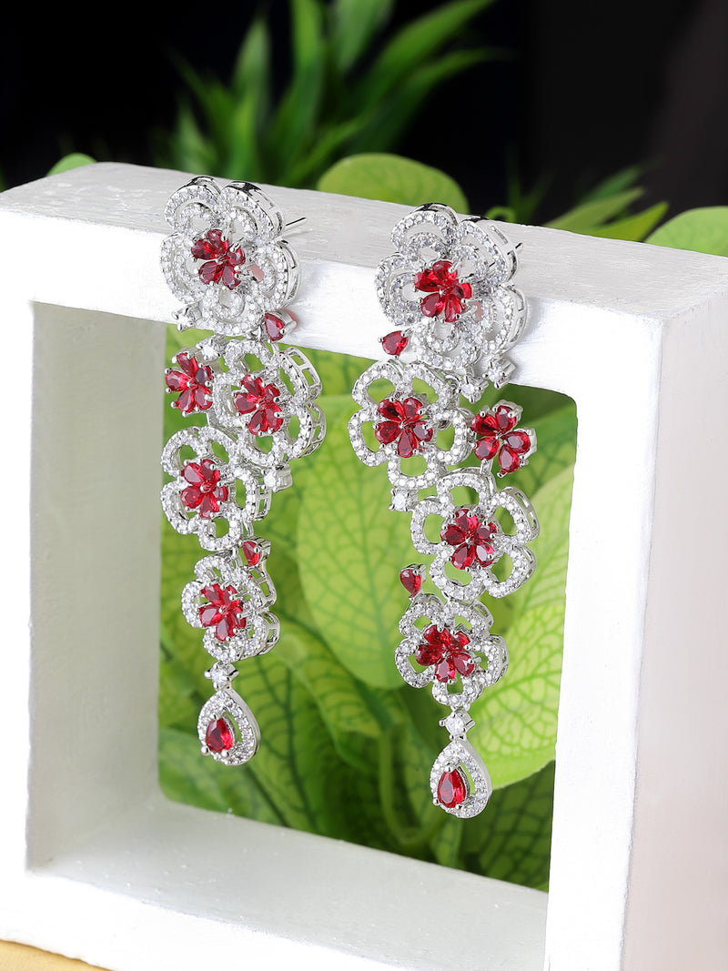 Rhodium-Plated Red & White American Diamond studded Floral Chandelier Drop Earrings