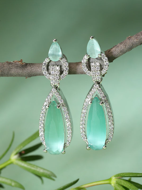 Rhodium-Plated Sea Green American Diamond studded Handcrafted Long Teardrop Shaped Drop Earrings