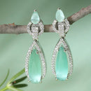 Rhodium-Plated Sea Green American Diamond studded Handcrafted Long Teardrop Shaped Drop Earrings