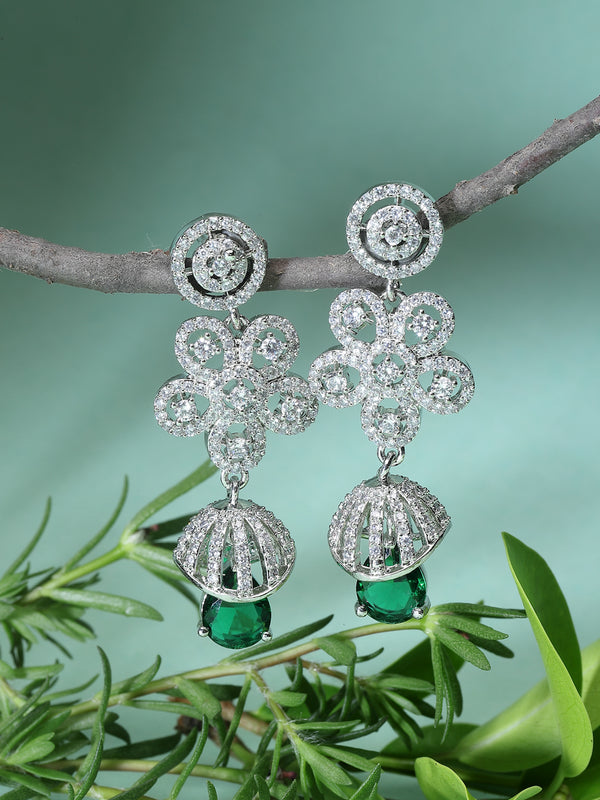 Rhodium-Plated Green American Diamond studded Dome & Teardrop Shaped Jhumka Earrings